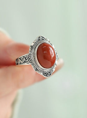 925银新中式椭圆蛋面护盾戒指女