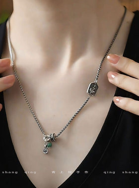 925银新中式复古做旧绿度母项链