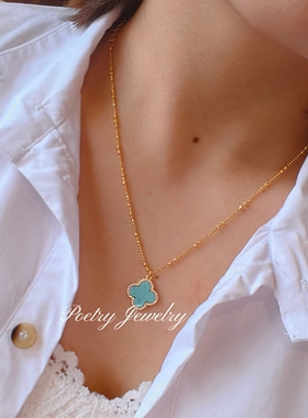 四叶草S925纯银绿松石四叶草项链女镶钻气质绿色颈链小众