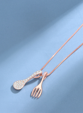 S925纯银玫瑰金勺叉项链