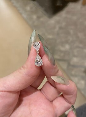 双水滴耳钉女纯银人造钻石一滴泪耳环锆石梨形钻耳坠气质精致耳饰