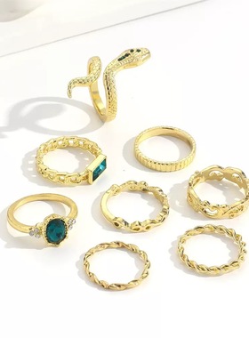 vintage复古灵蛇戒指8件套女亚文化哥特风千禧辣妹潮流指环套装