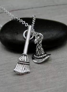 vintage复古女巫项链女小众欧美扫把魔法帽子个性吊坠配饰独特