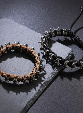 复古骷髅骨刺编织手绳男女中性欧美朋克风嘻哈潮流小众手链配饰