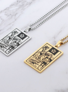 欧美热卖22张塔罗牌项链 钛钢复古长方形吊坠毛衣链项链