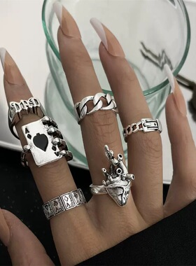 复古心脏扑克牌6个一套装戒指女亚文化辣妹朋克风暗黑系指环套装