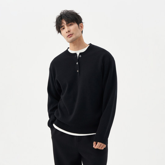 LEZORA 超细美丽奴cashmere山羊绒 秋冬宽松亨利领保暖针织衫男