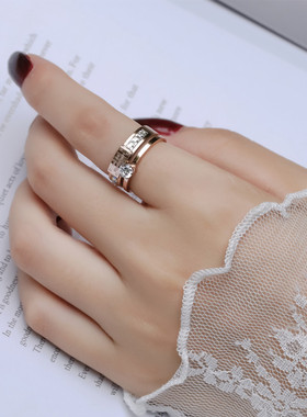 大气钛钢镶钻玫瑰金不掉色戒指