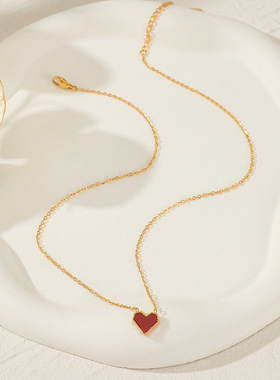 法式轻奢风爱心锁骨链复古红色桃心百搭项链女真金电镀不锈钢首饰