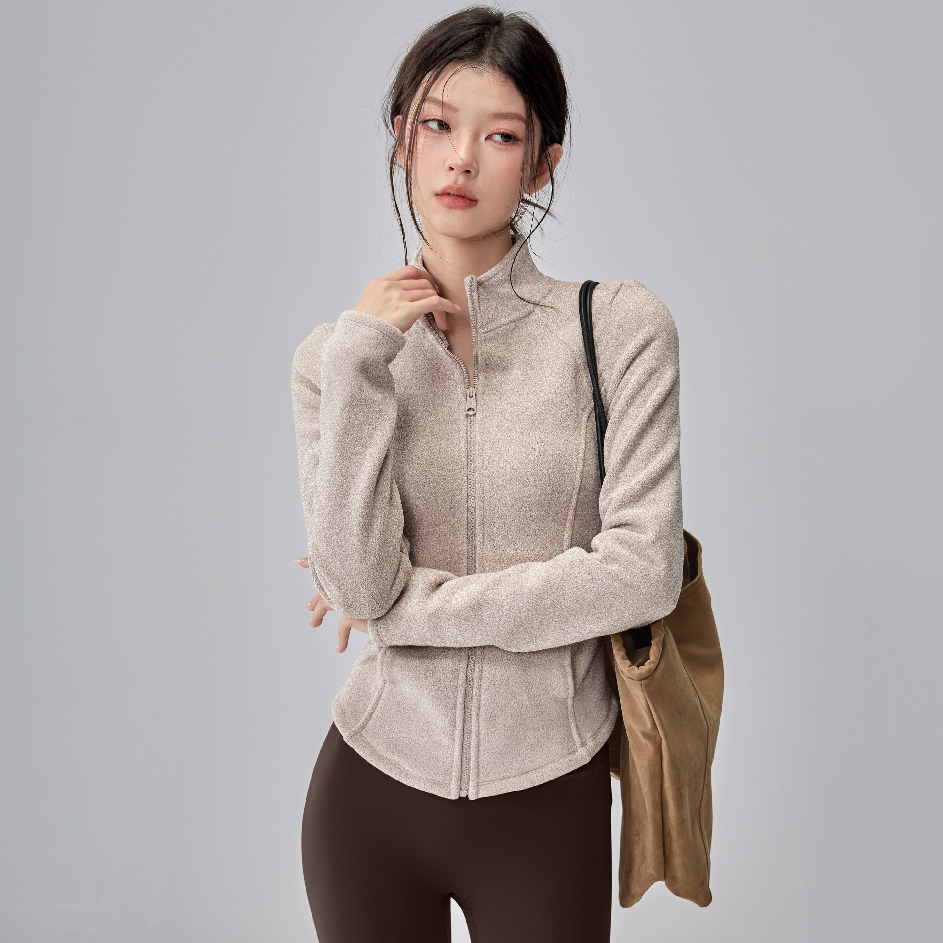 摇粒绒瑜伽外套女立领拉链运动外套健身衣跑步骑行卫衣修身加绒冬,淘宝优惠券,粉丝福利购,淘宝优惠卷