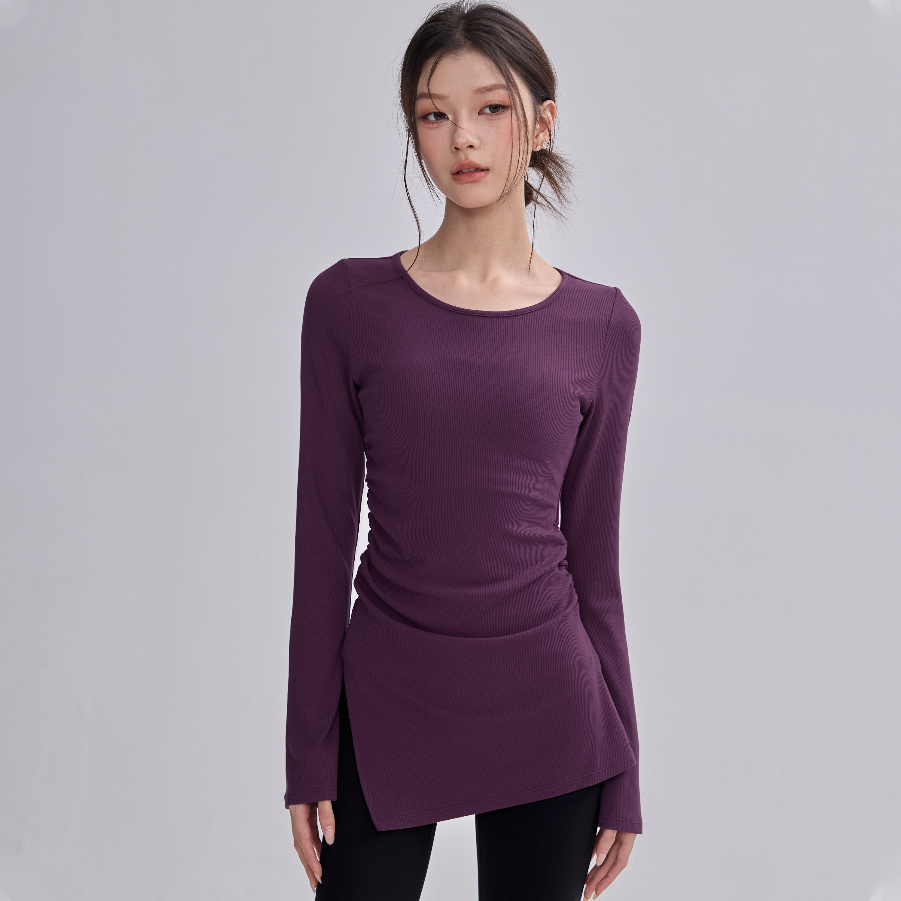 2026新款绝绝紫瑜伽T恤中长款开叉长袖显瘦健身普拉提运动上衣冬,淘宝优惠券,粉丝福利购,淘宝优惠卷