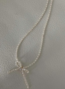 小众注金蝴蝶结米粒项链锆石珍珠