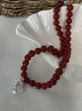 高级感纯银红玛瑙大巴珍珠项链