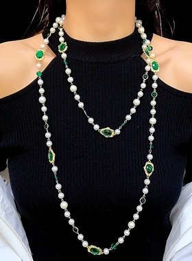 原创轻奢风时尚珍珠锁骨链气质新款小众设计项链高级感绿色项饰品