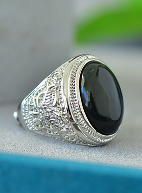 天然和田玉戒指镶嵌黑青玉戒指男士玉石指环时尚饰品