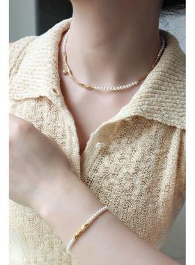 法式小众文艺复古黄铜镀金树枝珍珠拼接个性时尚高级感气质项链女