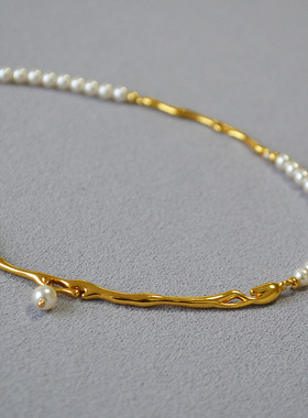 法式小众文艺复古黄铜镀金树枝珍珠拼接个性时尚高级感气质项链女