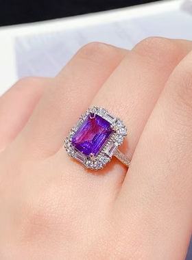 S925纯银镶天然紫水晶戒指长方轻奢时尚小众设计水晶首饰批发