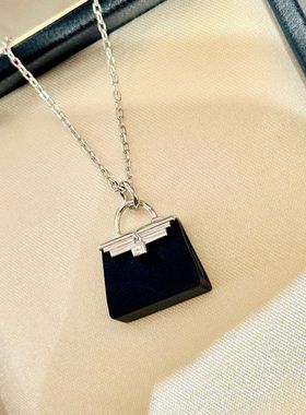 设计师925纯银精工感凯利包包磨砂黑陶瓷项链女手提包吊坠锁骨链