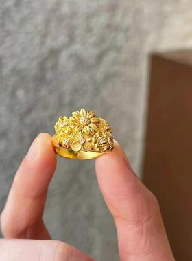 鑫葆康色锦簇高颜值花卉气质黄金繁花尾戒指环纯银S925拉丝礼物