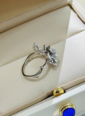 设计师S925纯银 玫瑰金戒指叶子山茶花感镶嵌满钻奢华贵气baby同