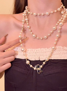 新款蝴蝶结珍珠串珠项链轻奢高级感气质锁骨链小众复古百搭饰品女