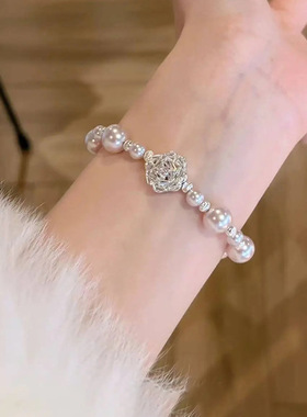 韩国东大门珍珠串珠锆石花朵手链甜美简约手环时尚小众高级感手饰