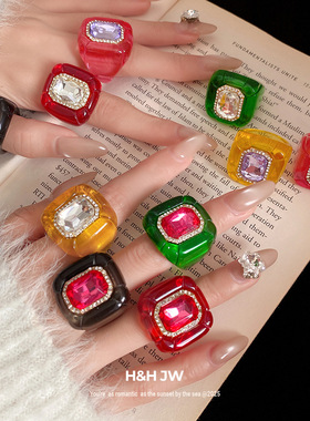 新款镶钻六边形褶皱纹路戒指欧美复古宫廷风食指戒小众高级感手饰