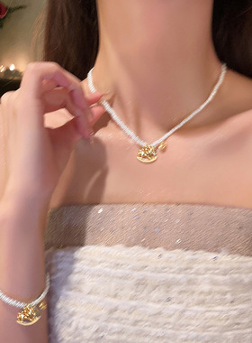 韩国新款锆石珍珠串珠小马吊坠项链轻奢时尚锁骨链小众高级感项饰