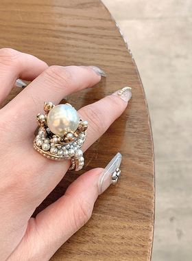 新款圆形珍珠花朵复古精致轻奢小众高级感食指戒个性百搭时尚手饰
