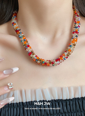 韩国东大门新款撞色个性小众文艺编织彩虹米珠串珠项链气质锁骨链