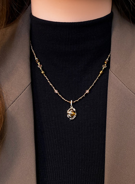 韩国东大门虎眼石吊坠项链美拉德复古气质锁骨链轻奢高级感项饰女