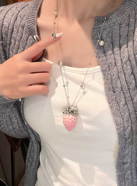 韩国东大门锆石爱心植绒草莓吊坠项链甜美锁骨链小清新百搭饰品女