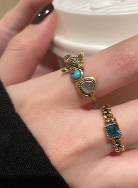 新款镶钻爱心开口戒指中古vintage气质食指戒轻奢高级感手饰批发