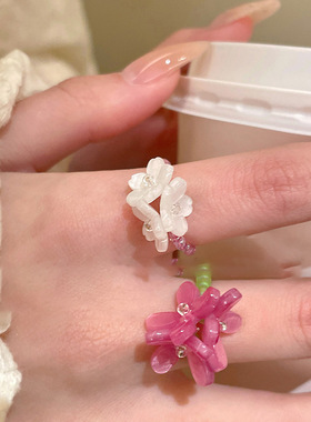 新款花朵米珠弹力戒指甜美小清新时尚食指戒百搭小众高级感手饰女