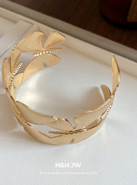 新款欧美金属树叶纹路开口手镯复古简约时尚手环轻奢高级感手饰女