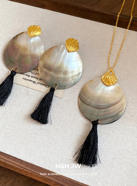 2026新款爆款贝壳吊坠耳环项链小众民族风复古锁骨链女高级感项饰