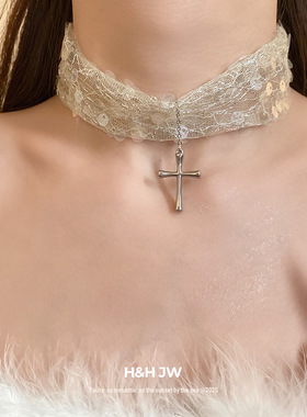 新款网纱亮片十字架吊坠项链法式复古气质锁骨链轻奢高级感项饰女