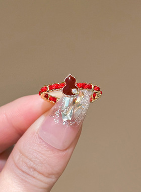 韩国东大门简约红绳葫芦戒指女开口可调节指环中式精致小众食指戒