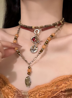 韩国东大门木珠串珠吊坠项链波西米亚小众锁骨链复古轻奢气质饰品
