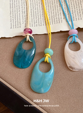 韩国新款蜡绳椭圆形吊坠项链个性设计感气质锁骨链小众高级感项饰