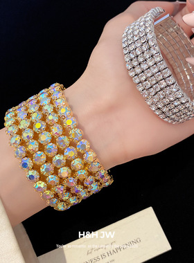 新款欧美镶钻五排开口手镯复古宫廷风简约时尚手环轻奢高级感手饰