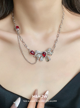 新款镶钻蝴蝶结水滴吊坠项链个性设计感气质锁骨链轻奢高级感项饰