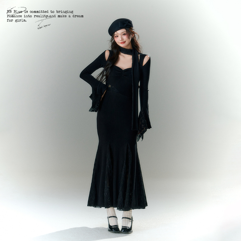 BB BLUE原创设计 新中式喇叭袖鱼尾内搭针织连衣裙秋冬季小众裙子 - 图0