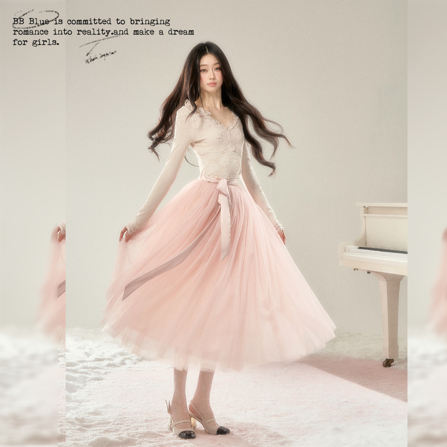 BB BLUE/天鹅之梦/法式千金芭蕾长袖内搭高腰肌理感蕾丝网纱礼裙,淘宝优惠券,粉丝福利购,淘宝优惠卷