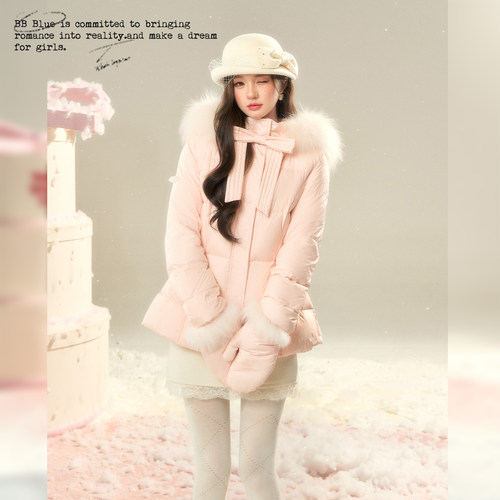 BBBLUE/羽绒腰精/少女感韩系90白鸭绒毛领连帽款收腰显瘦羽绒服女 - 图1