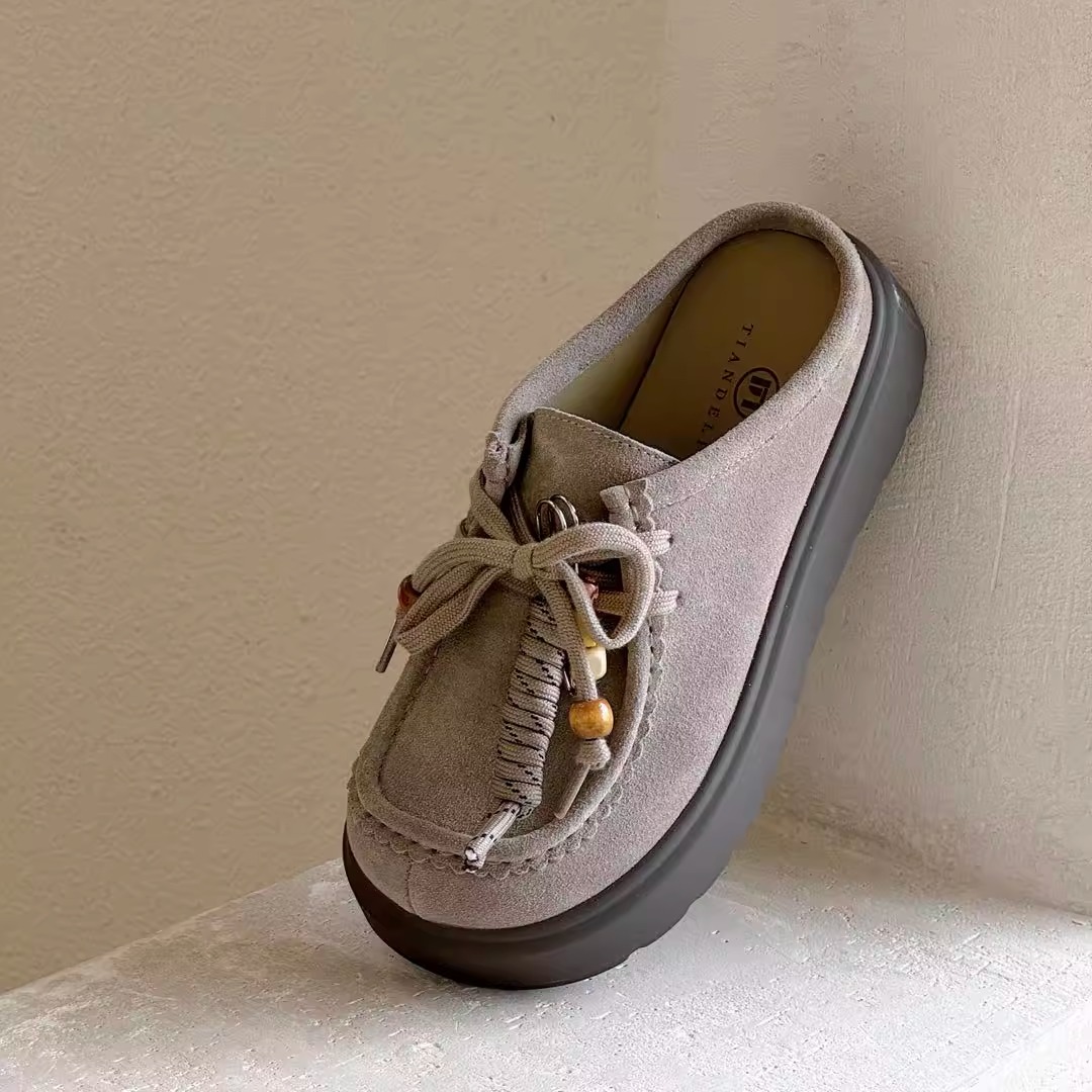 真皮厚底勃肯鞋女2025秋季新款复古百搭休闲一脚蹬懒人包头半拖鞋 - 图3