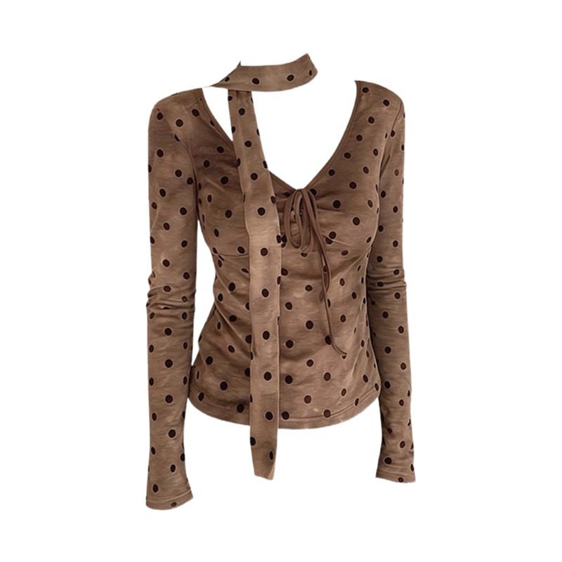 大码胖妹妹性感辣妹风波点飘带v领长袖T恤秋季新款气质绝美上衣女,淘宝优惠券,粉丝福利购,淘宝优惠卷