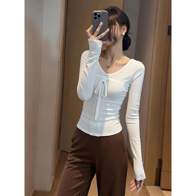 大码纯欲蕾丝蝴蝶结v领打底衫T恤女秋冬胖mm加绒磨毛绝美内搭上衣 - 图0