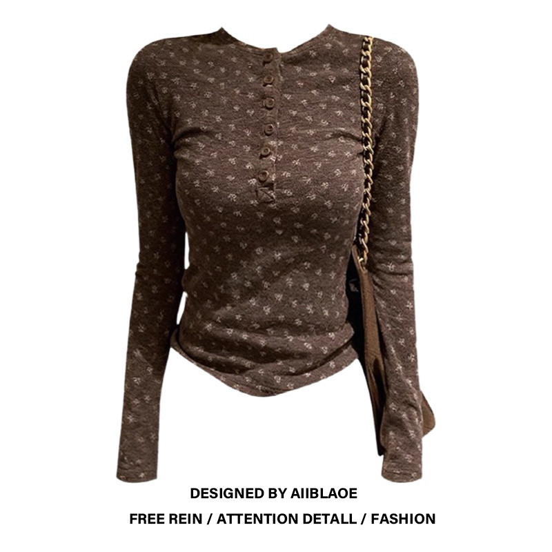 大码亨利领纽扣碎花长袖T恤女秋冬季胖mm显瘦气质绝美打底衫上衣,淘宝优惠券,粉丝福利购,淘宝优惠卷